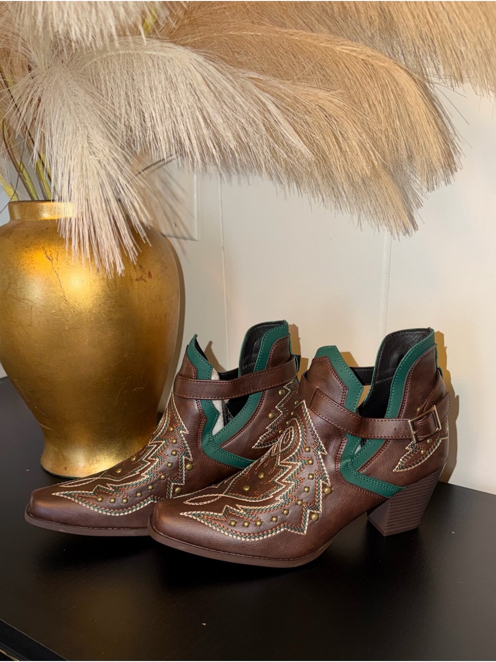 Western-Style Brown Ankle Booties with Green Accents